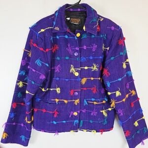 Vtg Kindred Spirit Women's Purple Multicolor Woven Jacket Fringe  Large.B88